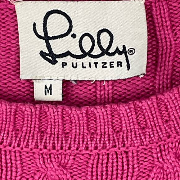 Lilly Pulitzer Cable Knit Sweater Begonia Bright Pink Crewneck Pullover sz Med - Picture 5 of 7